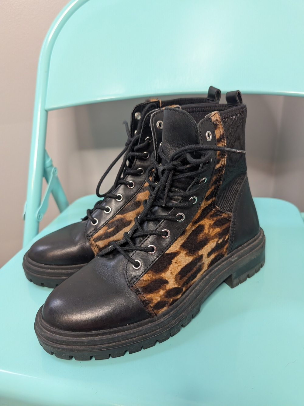 Vince Camuto Black Leather Combat Boots with Leopard Panels